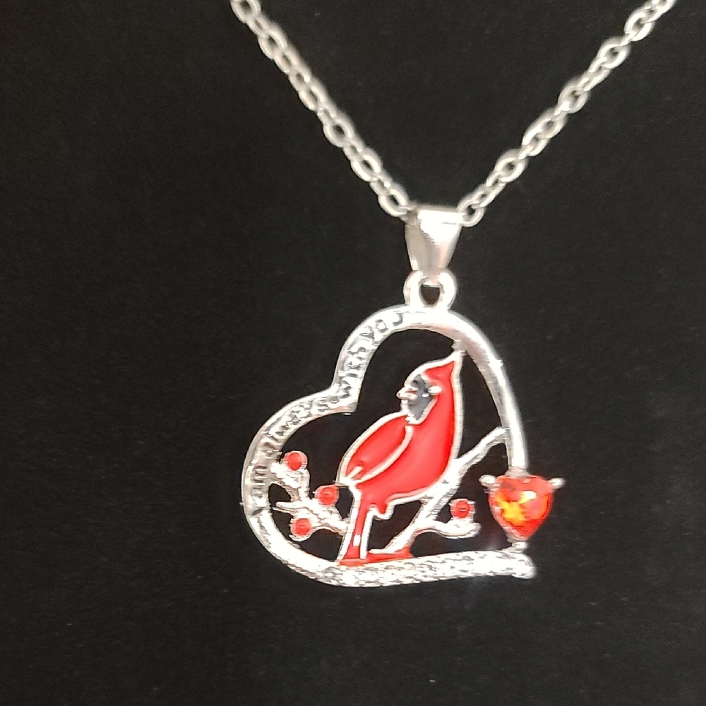 Red Cardinal Heart Pendant Silver Tone Necklace Says "I Will Always Love You" HP